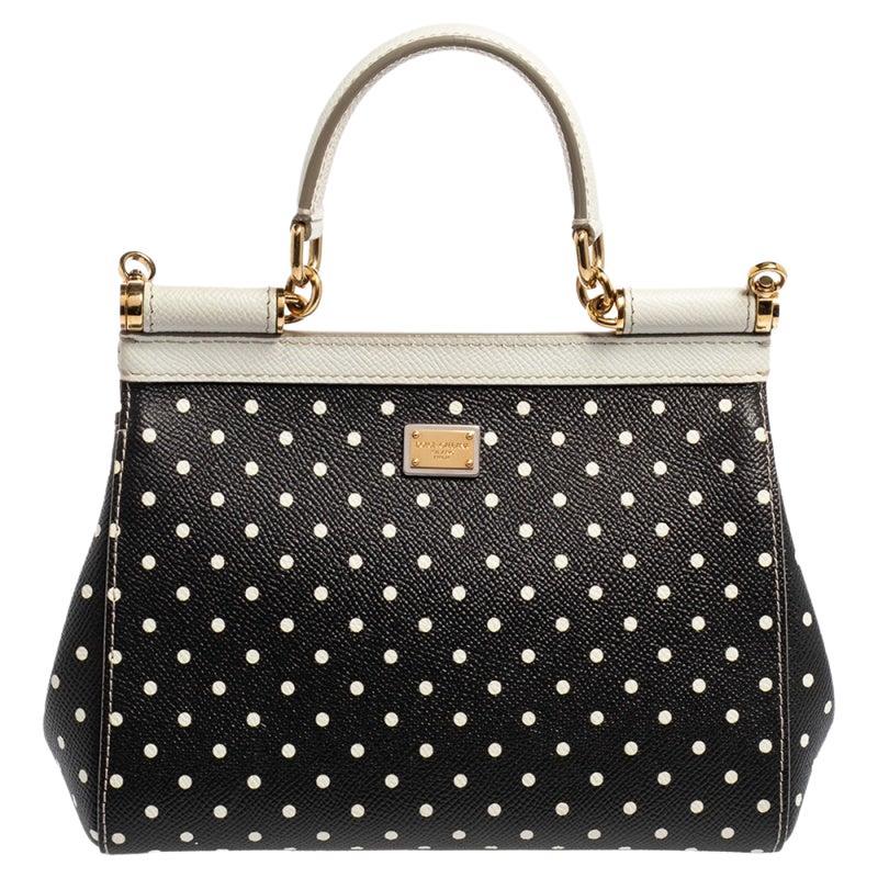 Dolce & Gabbana Black/White Polka Dots Leather Small Miss Sicily Top Handle Bag