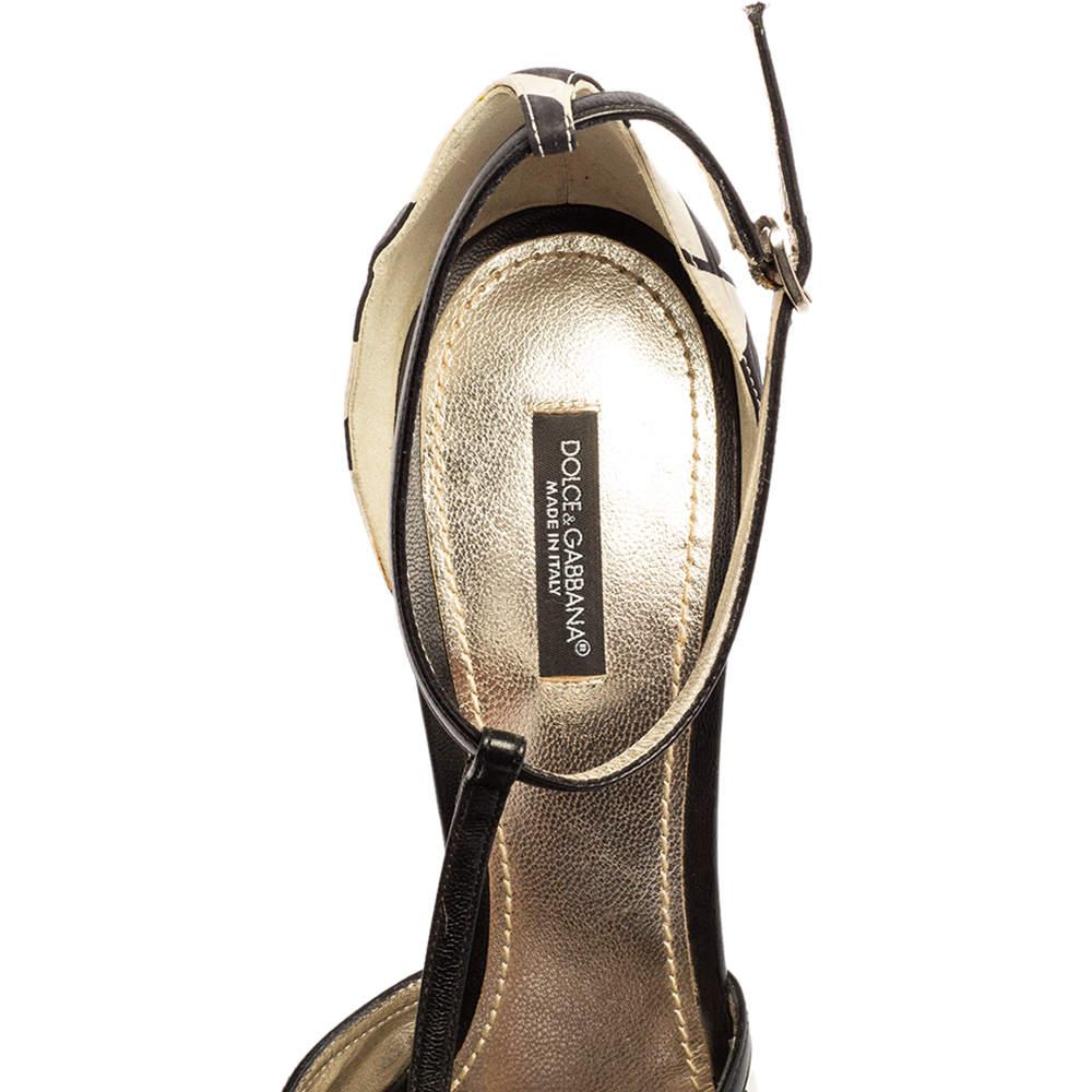 Dolce & Gabbana Black/White Printed Satin Ankle-Strap Sandals Size 41 For Sale 1