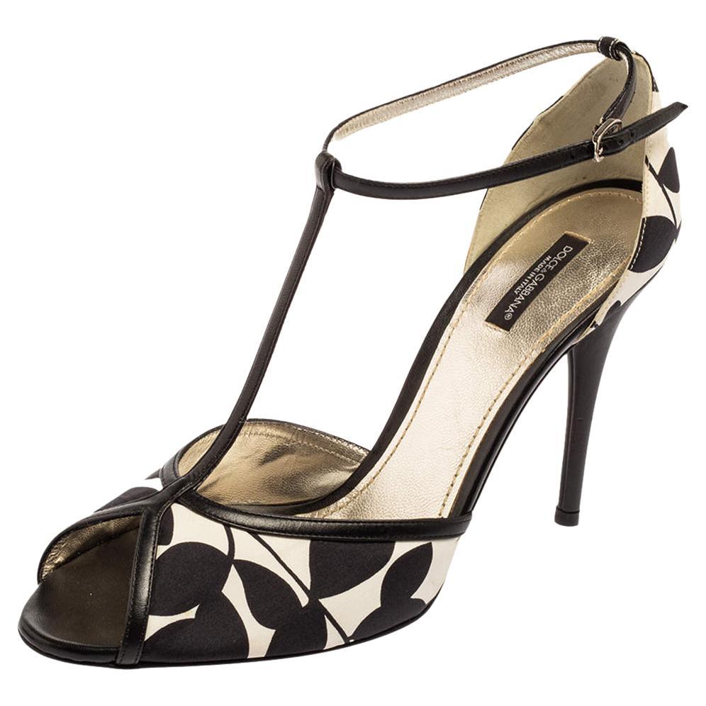Dolce & Gabbana Black/White Printed Satin Ankle-Strap Sandals Size 41 For Sale