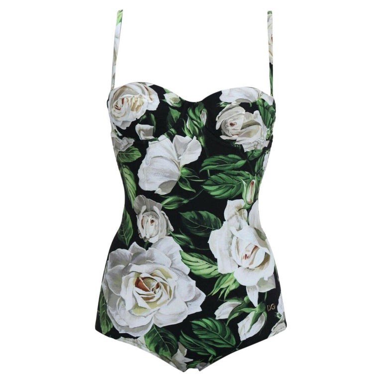 Dolce and Gabbana Black White Roses Flowers One Piece Swimsuit Swimwear ...