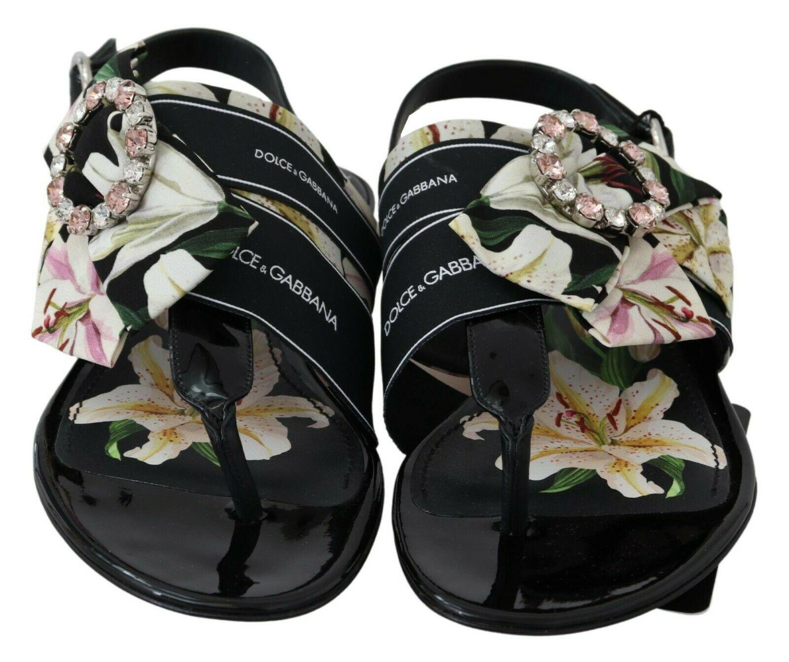 Dolce & Gabbana Black White Silk Floral Lily Flats Shoes Sandals Flip Flops DG In New Condition For Sale In WELWYN, GB