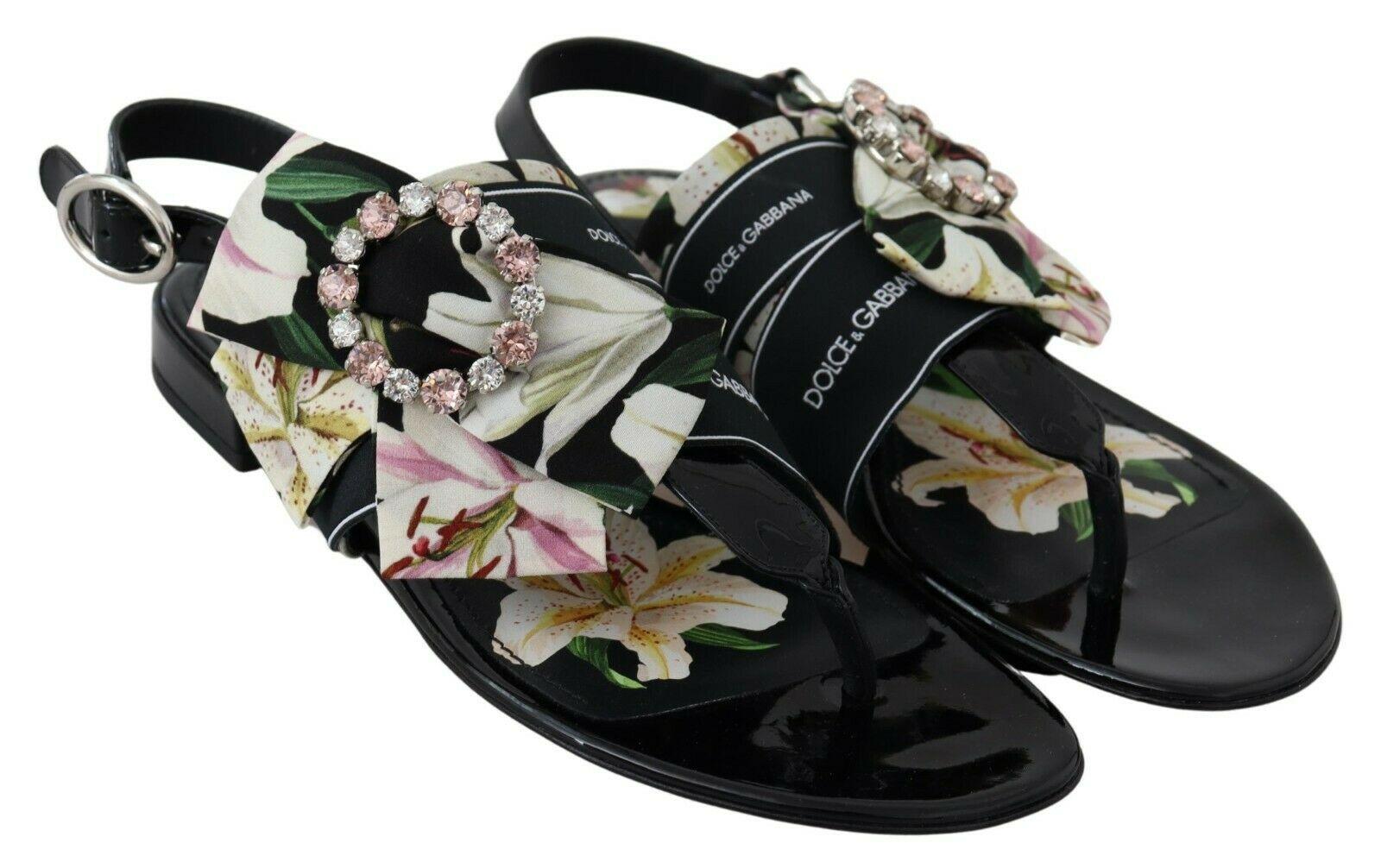 Women's Dolce & Gabbana Black White Silk Floral Lily Flats Shoes Sandals Flip Flops DG For Sale