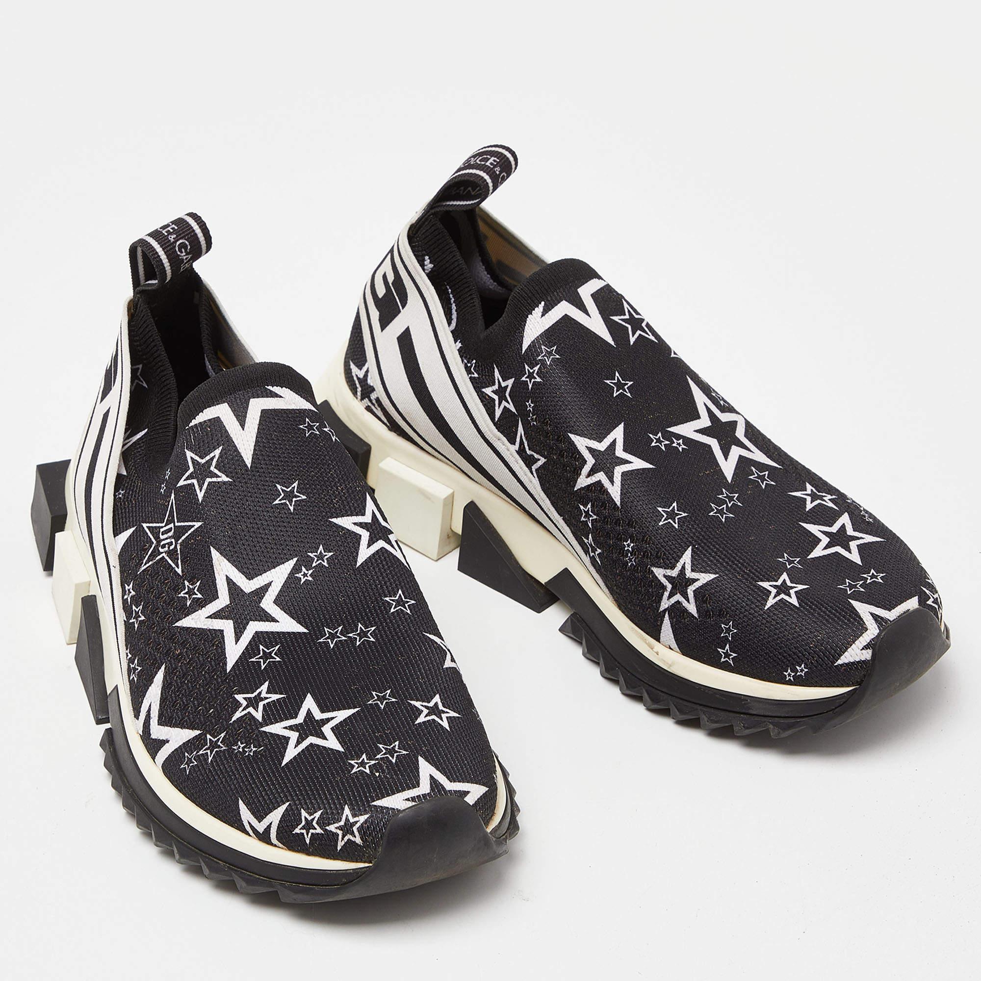 Dolce & Gabbana Black/White Stars Knit Fabric Sorrento Slip-On Sneakers Size 36 2