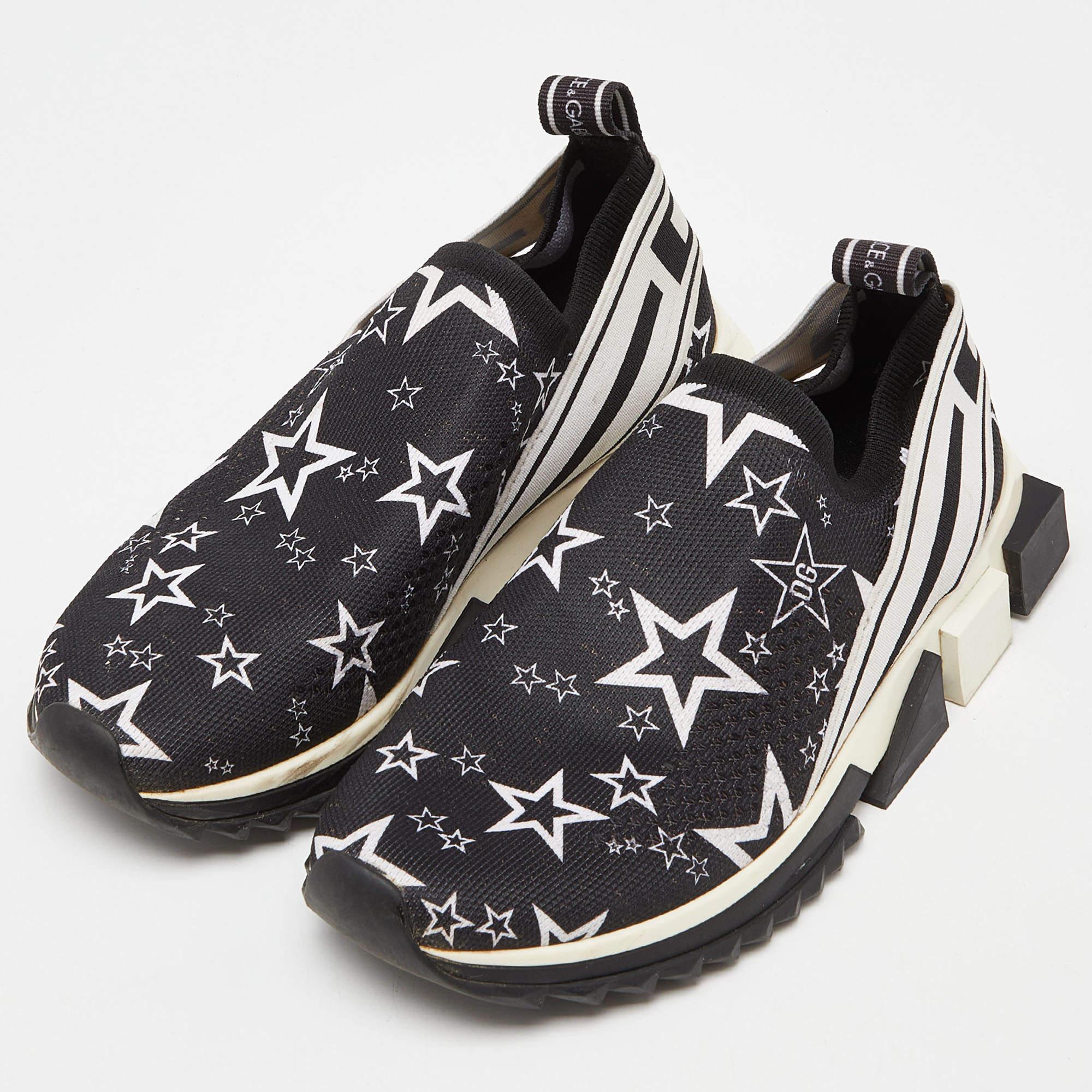 Dolce & Gabbana Black/White Stars Knit Fabric Sorrento Slip-On Sneakers Size 36 For Sale 3