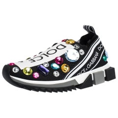 Dolce & Gabbana Black/White Stretch Jersey Crystal Slip On Sneakers Size 38