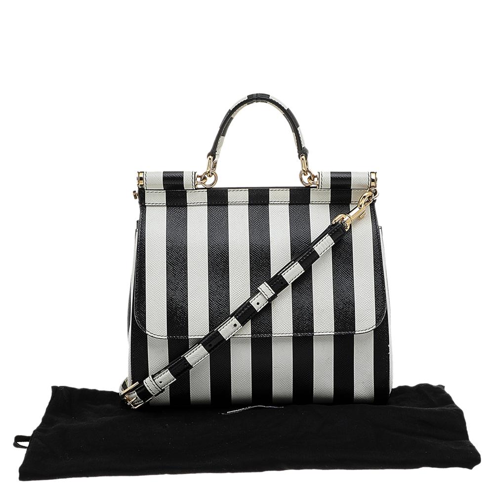 Dolce & Gabbana Black/White Striped Leather Medium Miss Sicily Top Handle Bag 4