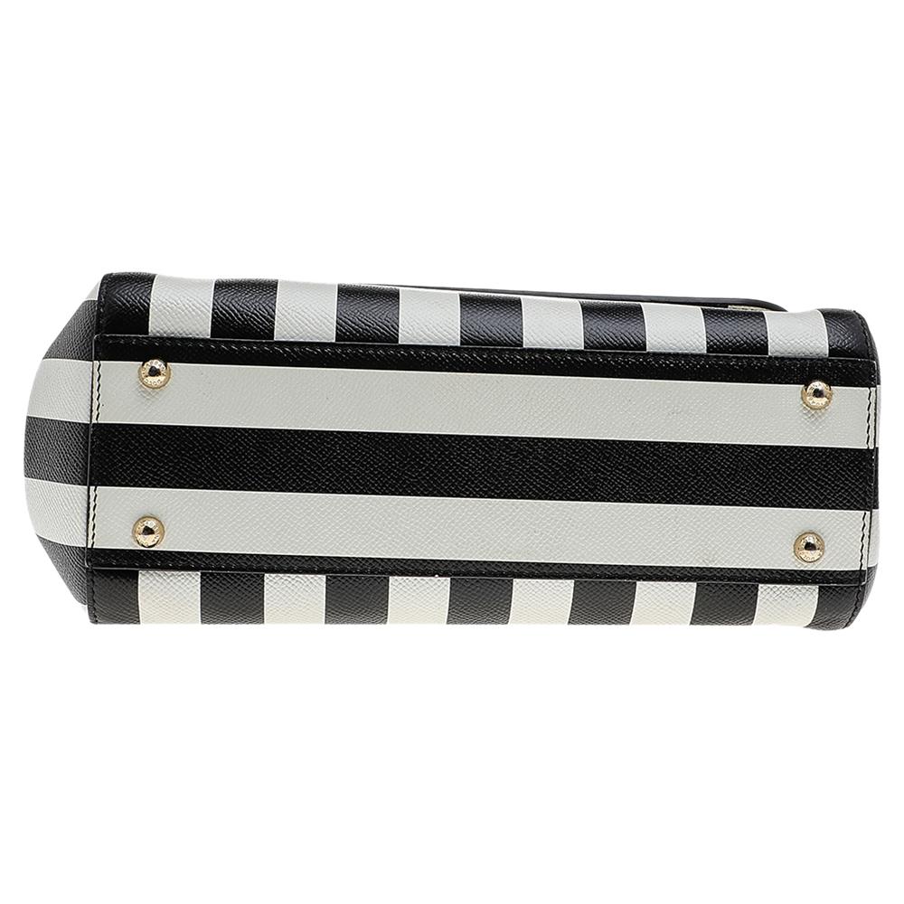 Gray Dolce & Gabbana Black/White Striped Leather Medium Miss Sicily Top Handle Bag