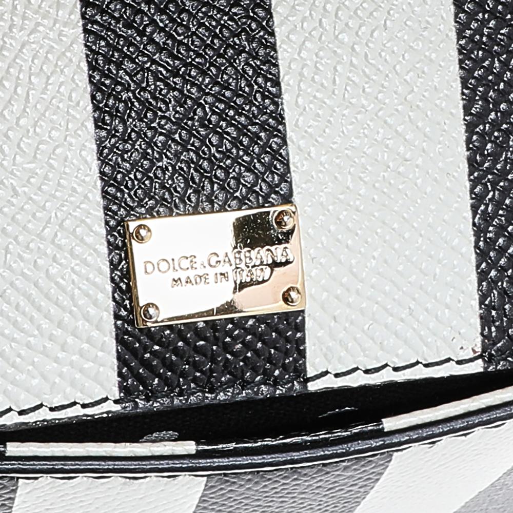 Dolce & Gabbana Black/White Striped Leather Medium Miss Sicily Top Handle Bag In Good Condition In Dubai, Al Qouz 2