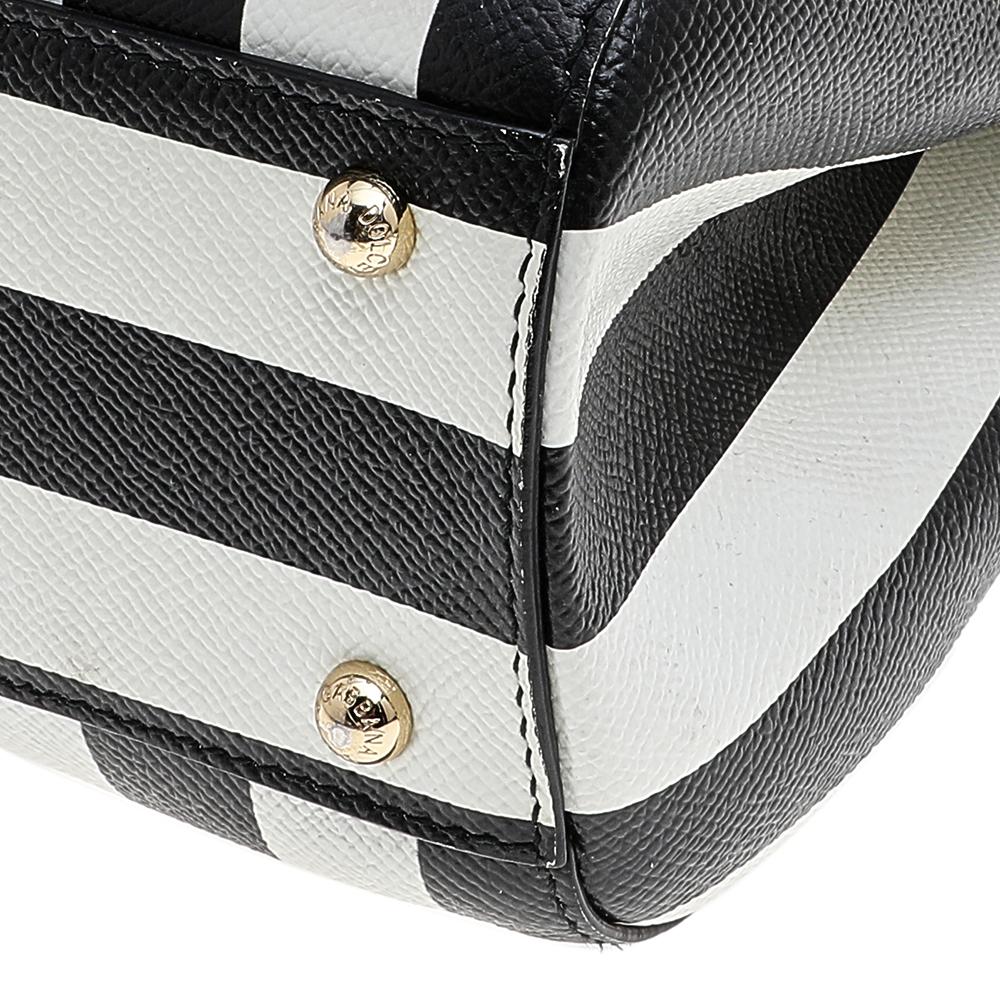 Dolce & Gabbana Black/White Striped Leather Medium Miss Sicily Top Handle Bag 2