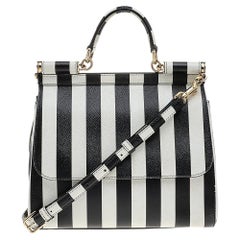 Dolce & Gabbana Black/White Striped Leather Medium Miss Sicily Top Handle Bag