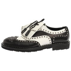 Dolce & Gabbana Black/White Studded Leather Brogue Detail Fringe Oxfords Size 42