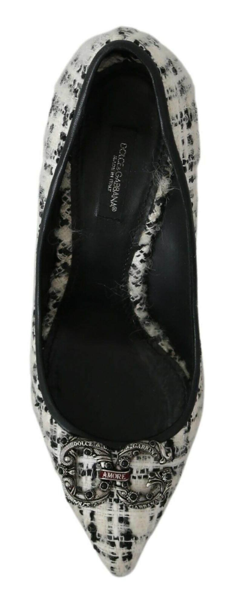 Women's Dolce & Gabbana Black White Tweed Leather Shoes Heels Pumps DG With Logo Details For Sale