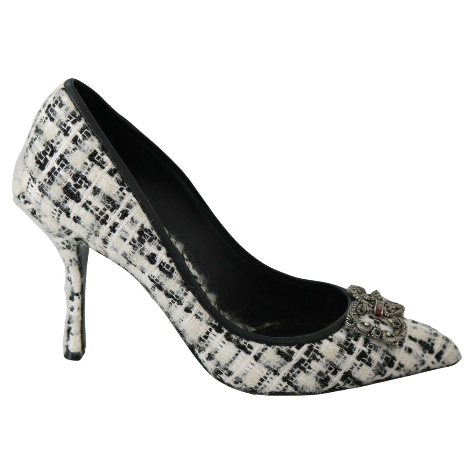 Dolce & Gabbana Black White Tweed Leather Shoes Heels Pumps DG With Logo Details