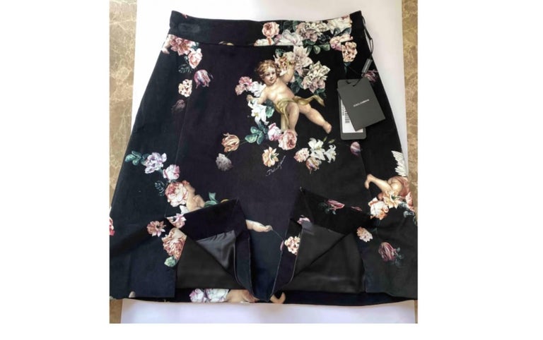 Dolce and Gabbana Black White Velvet Angels Floral Midi A-line Skirt Rose  Peony at 1stDibs