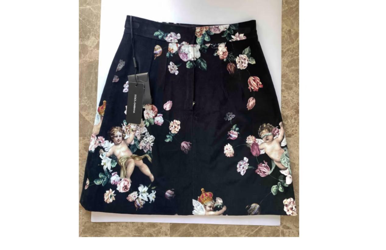 Dolce & Gabbana Black White Velvet Angels Floral Midi A-line Skirt Rose Peony In New Condition In WELWYN, GB