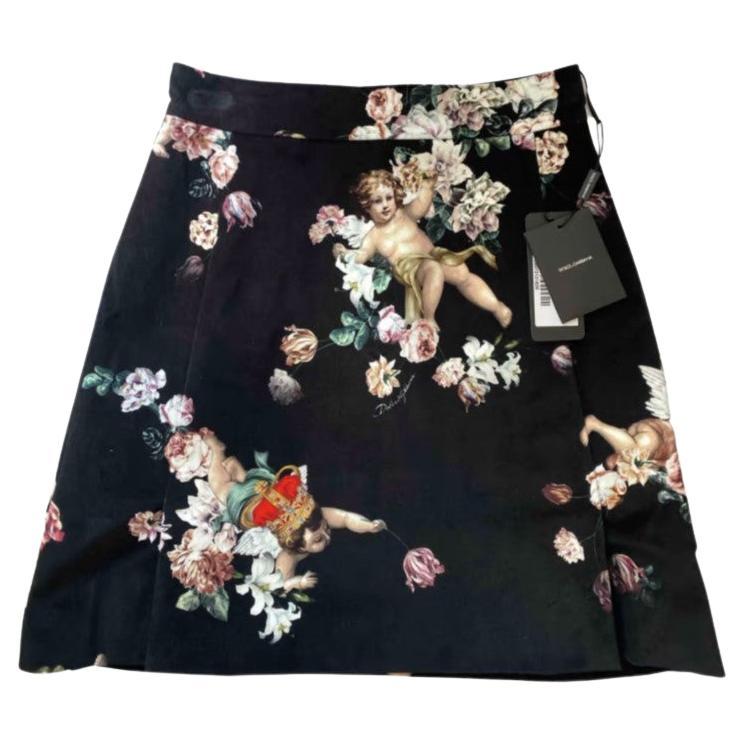 Dolce & Gabbana Black White Velvet Angels Floral Midi A-line Skirt Rose Peony