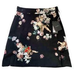 Dolce & Gabbana Black White Velvet Angels Floral Midi A-line Skirt Rose Peony