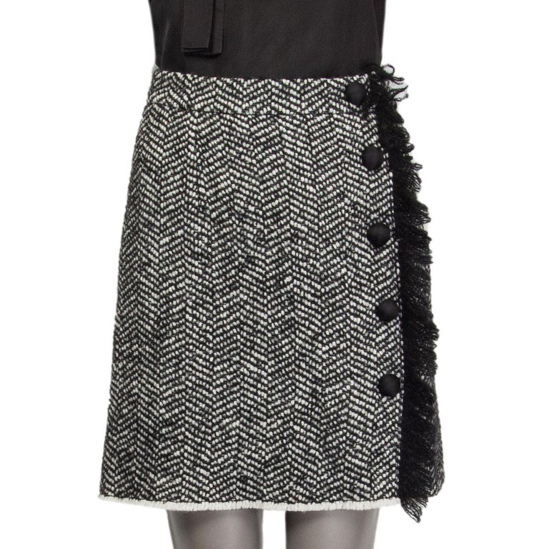 DOLCE & GABBANA black & white wool Side-Fringe Tweed Skirt 40 S