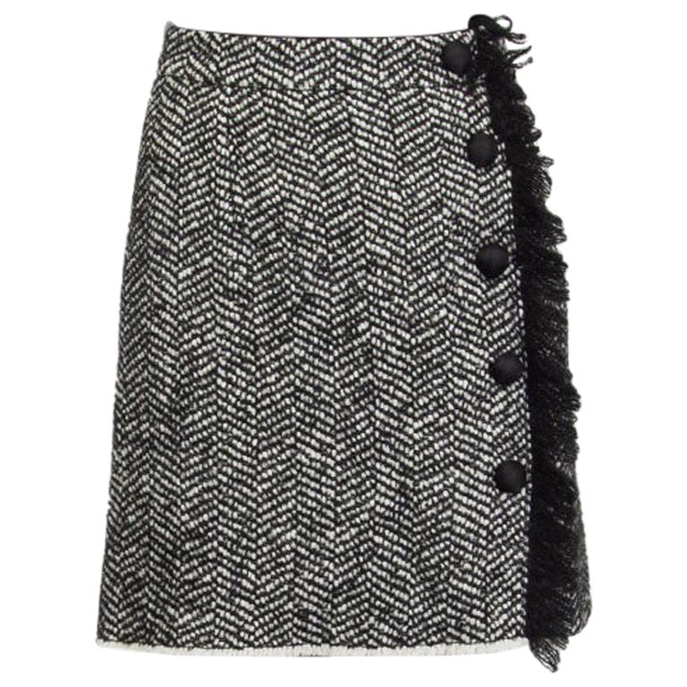 DOLCE & GABBANA black & white wool Side-Fringe Tweed Skirt 40 S
