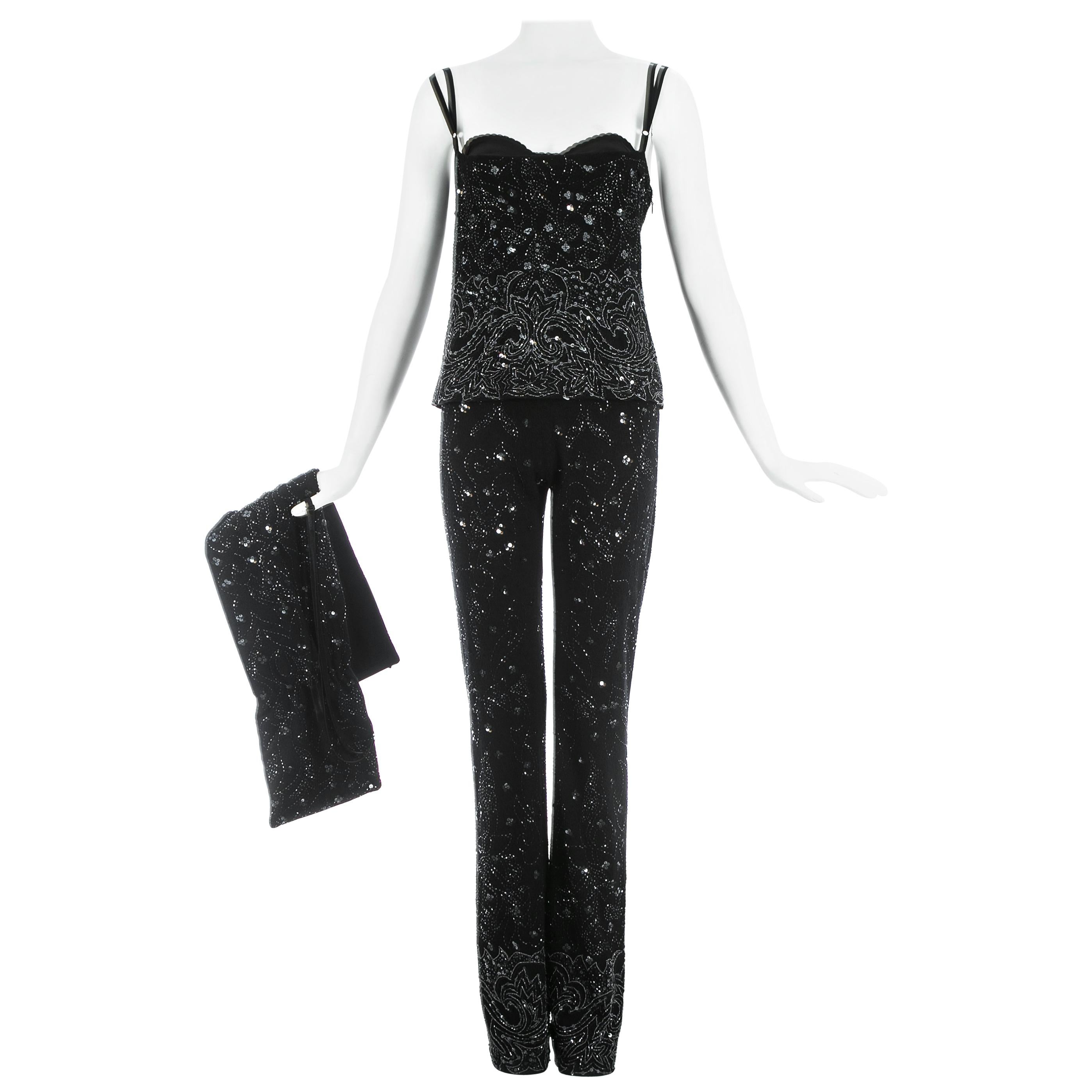 Dolce & Gabbana Schwarzes, besticktes 3-teiliges Abend Ensemble aus Wolle, Frühjahr/Sommer 1999