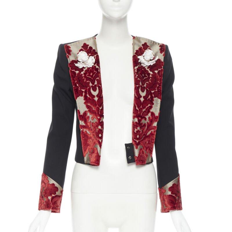 Black DOLCE GABBANA black wool gold red velvet cherub brooch belted blazer IT40 For Sale