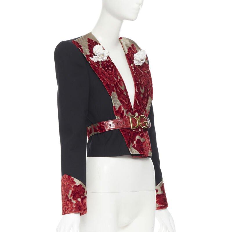 DOLCE GABBANA black wool gold red velvet cherub brooch belted blazer IT40 In Excellent Condition For Sale In Hong Kong, NT
