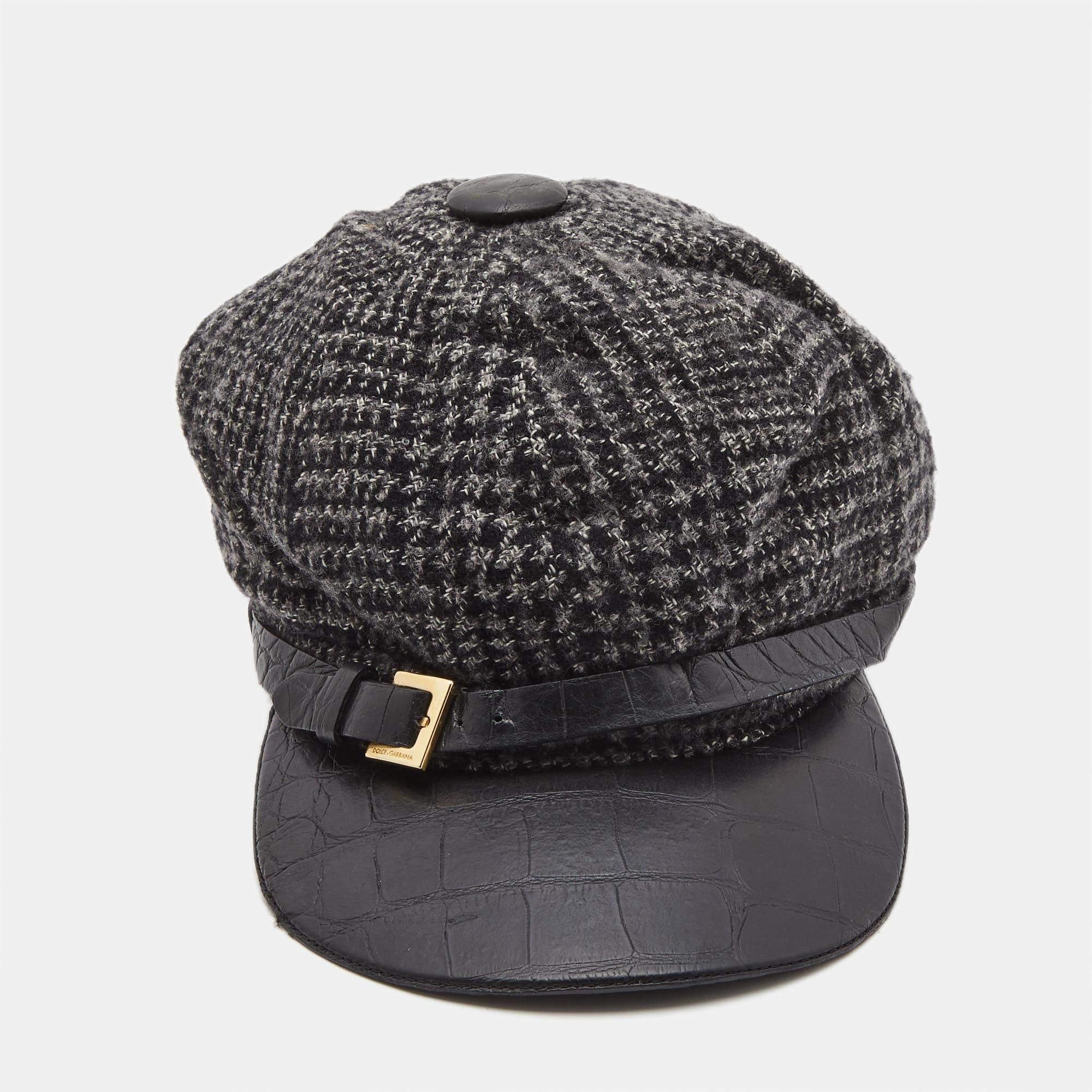 Dolce & Gabbana Black Wool Knit Croc Embossed Leather Baseball Cap Size 57 For Sale 3