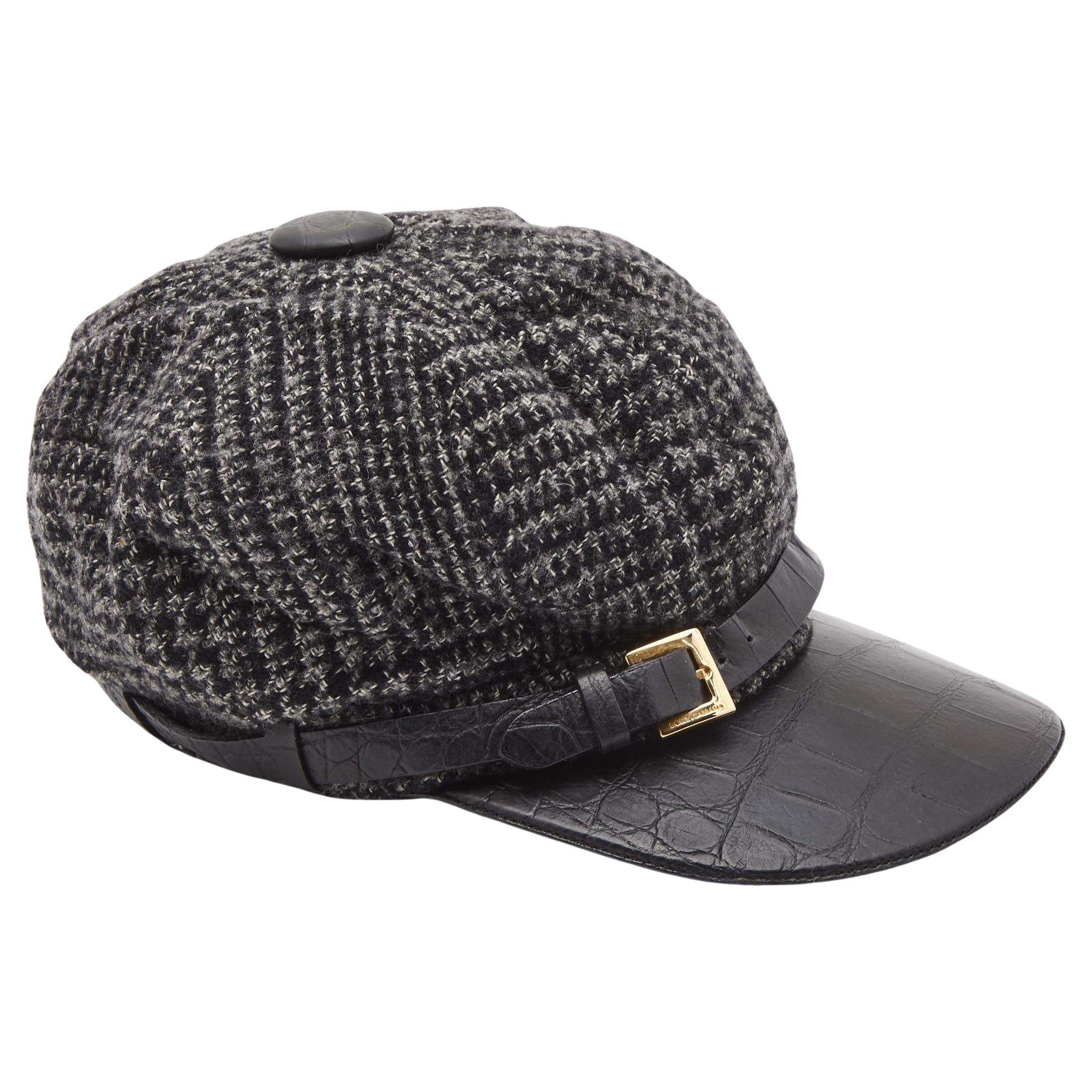 Dolce & Gabbana Black Wool Knit Croc Embossed Leather Baseball Cap Size 57 For Sale