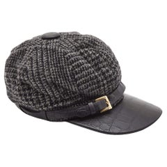 Used Dolce & Gabbana Black Wool Knit Croc Embossed Leather Baseball Cap Size 57