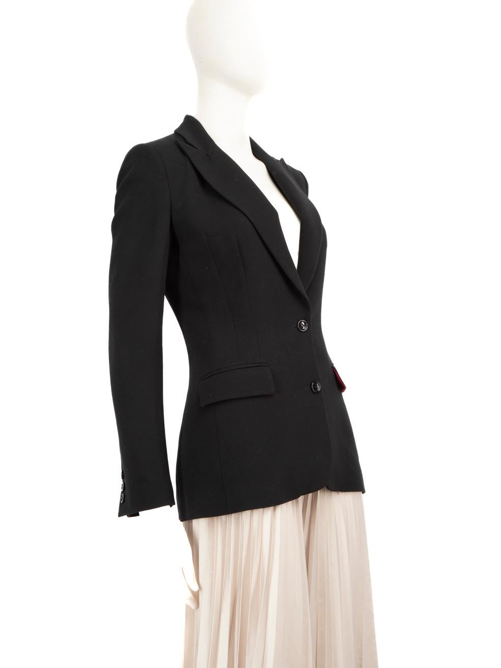 CONDITION is Very good. Minimal wear to the blazer is evident. Pull to the weave on the front right bust, both sleeves, lower front left and back left. Pulls to the weave in the lining on the back and both arm holes. Discolouration on the lining of