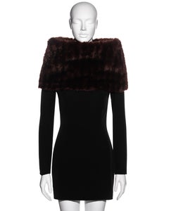 Dolce & Gabbana Schwarzes Wollminikleid mit Neckholder aus Kunstpelz, fw 1995