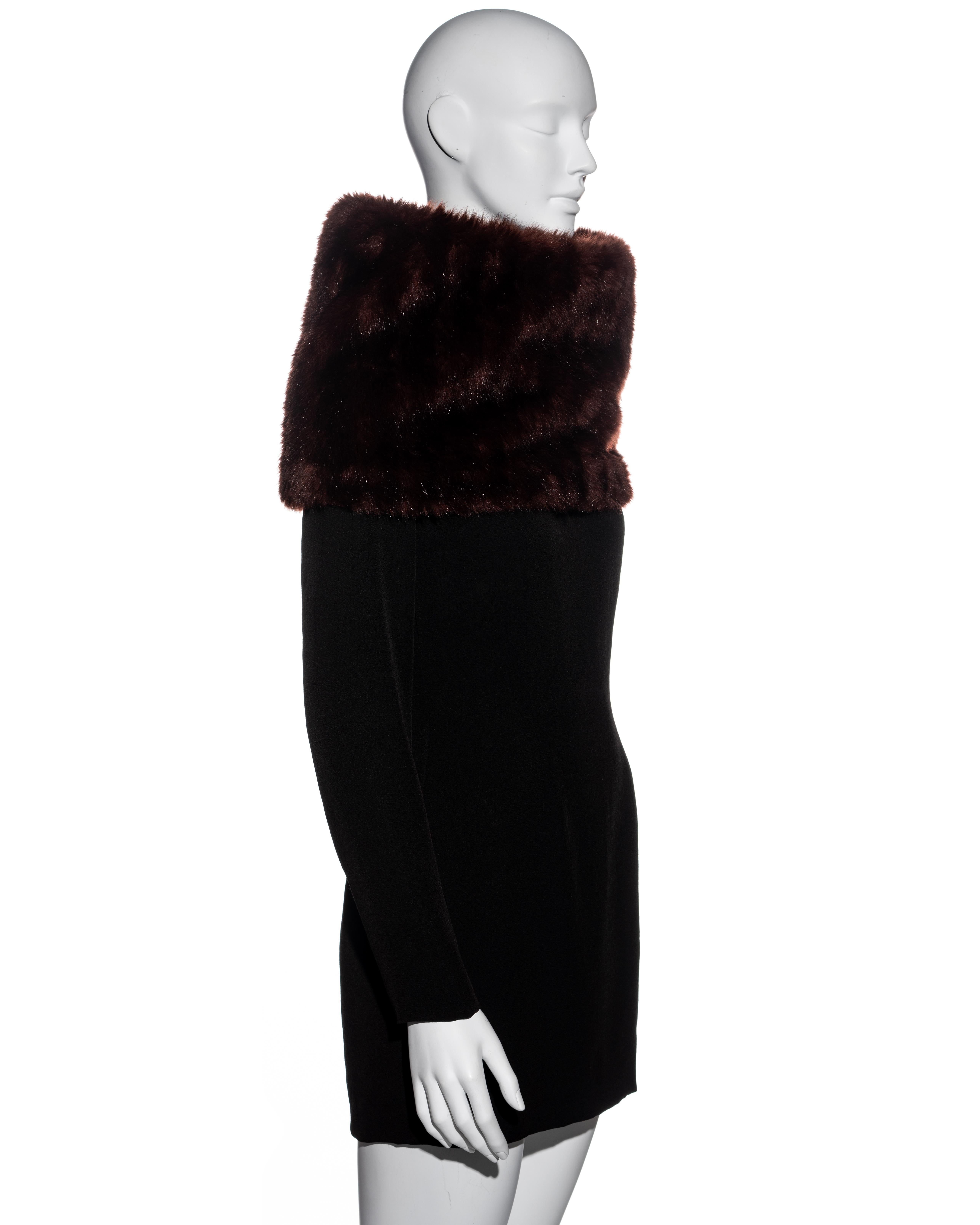 Black Dolce & Gabbana black wool mini dress with faux fur funnel neck, fw 1995 For Sale