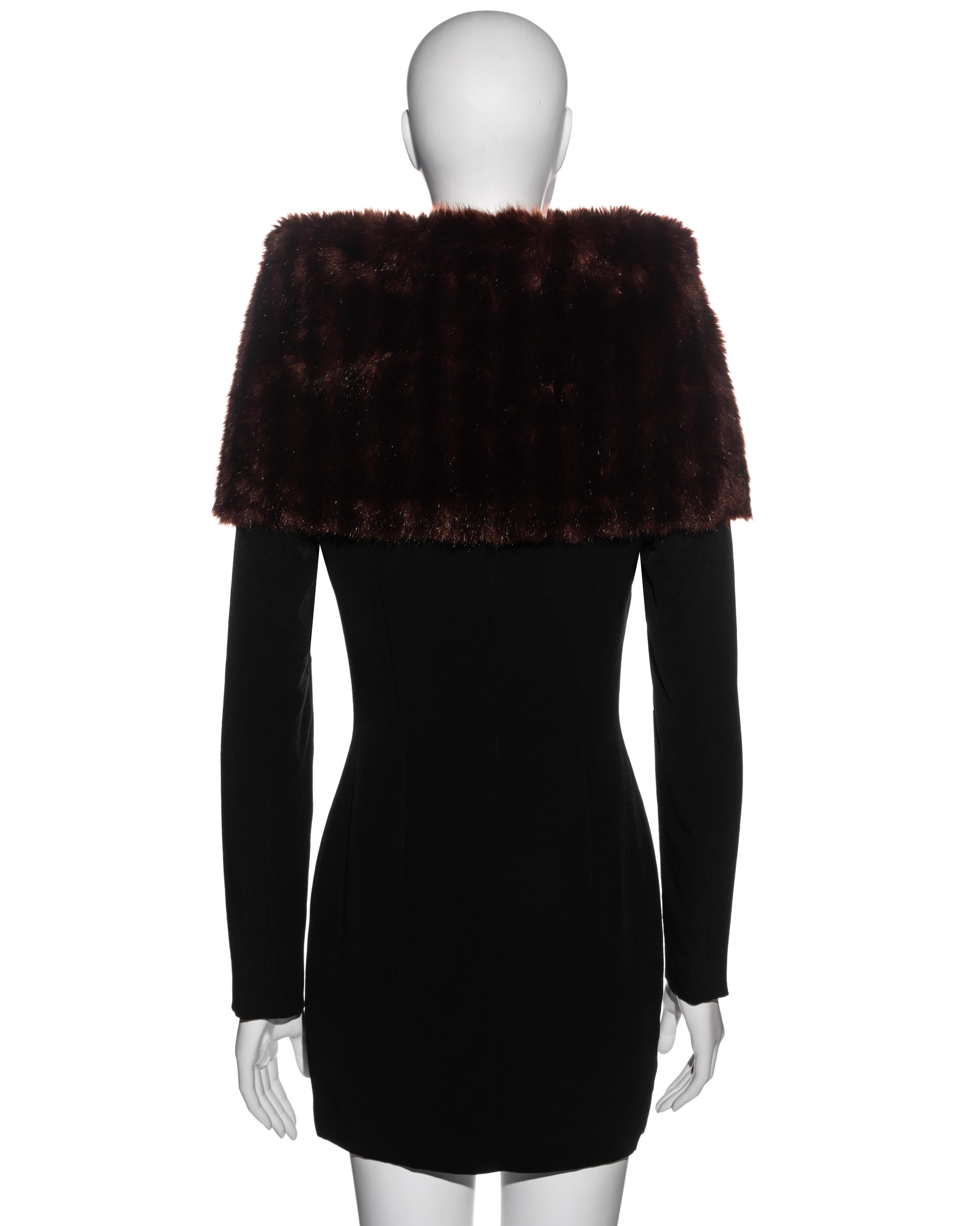 Dolce & Gabbana black wool mini dress with faux fur funnel neck, fw 1995 In Excellent Condition For Sale In London, GB