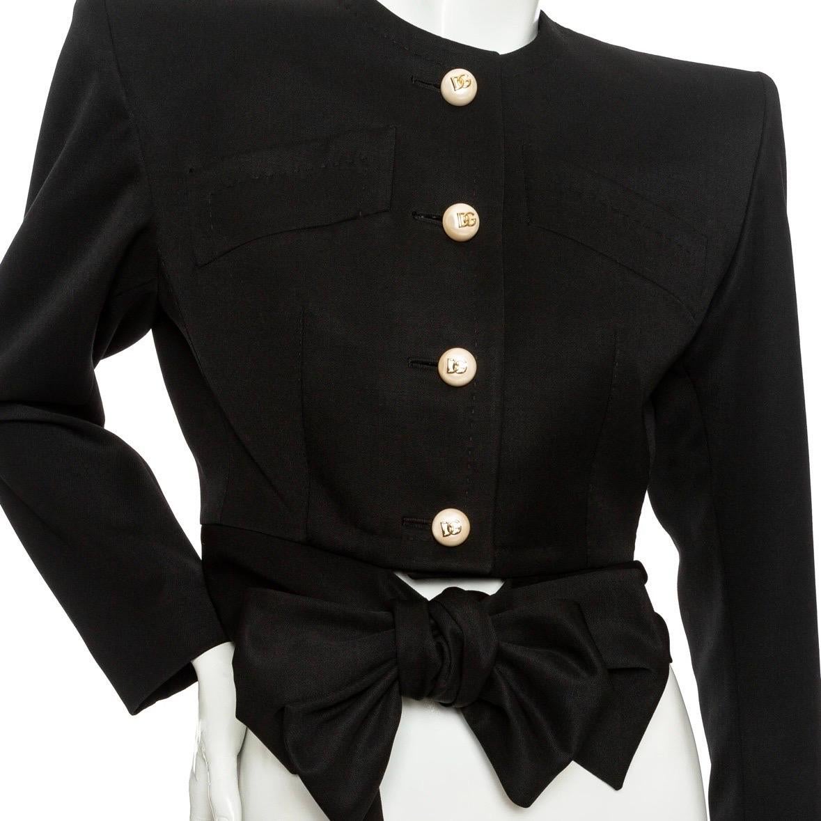 Dolce & Gabbana Black Wool Structured Tie-Waist Blazer For Sale 2