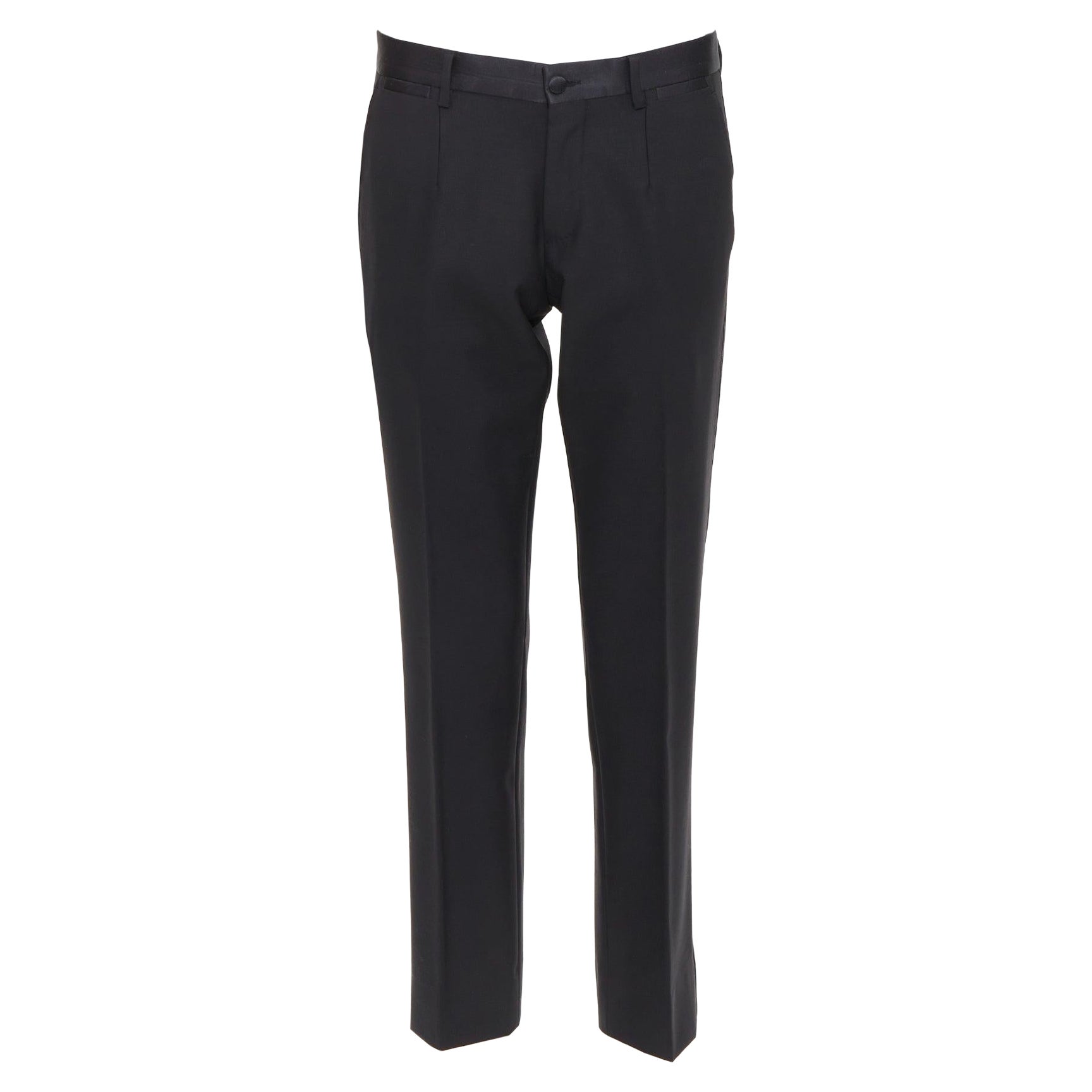 DOLCE GABBANA black wooly satin waist trim taperd mid waist pants IT44 XS