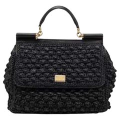 Dolce & Gabbana Black Woven Raffia and Leather Large Miss Sicily Top Handle Bag