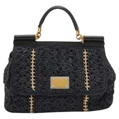 Dolce & Gabbana Black Woven Raffia And Leather Large Sicily Top Handle Bag