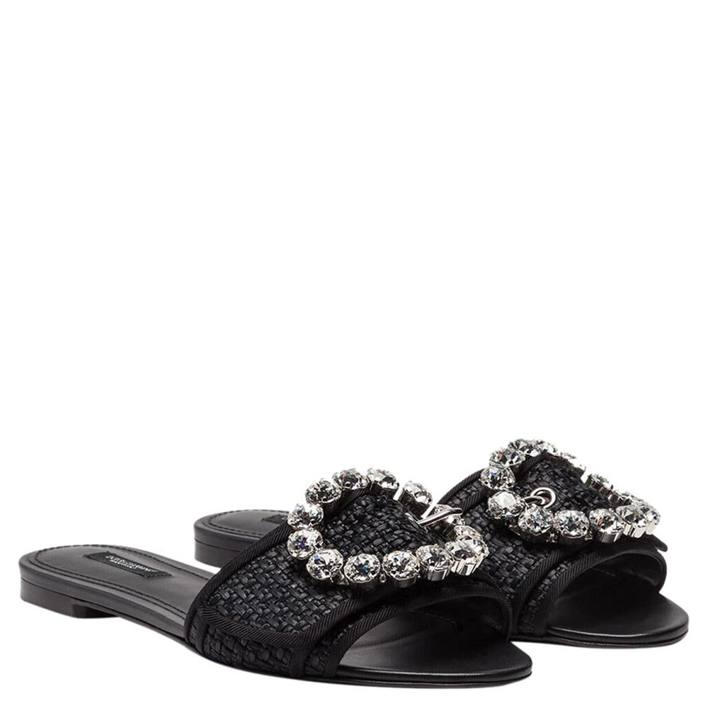 Women's Dolce & Gabbana Black Woven Raffia Jeweled Embellished Flat Slides Size 37