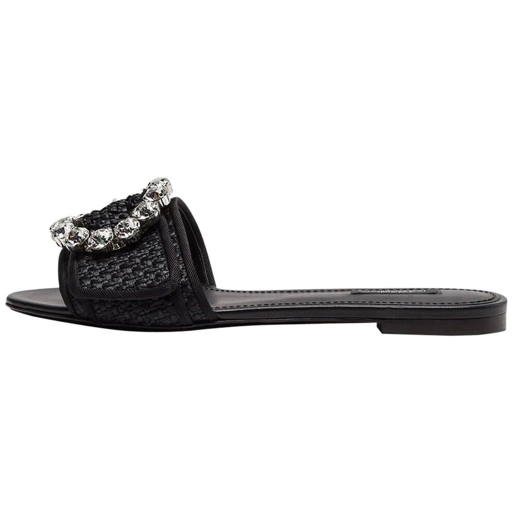 Dolce & Gabbana Black Woven Raffia Jeweled Embellished Flat Slides Size 37