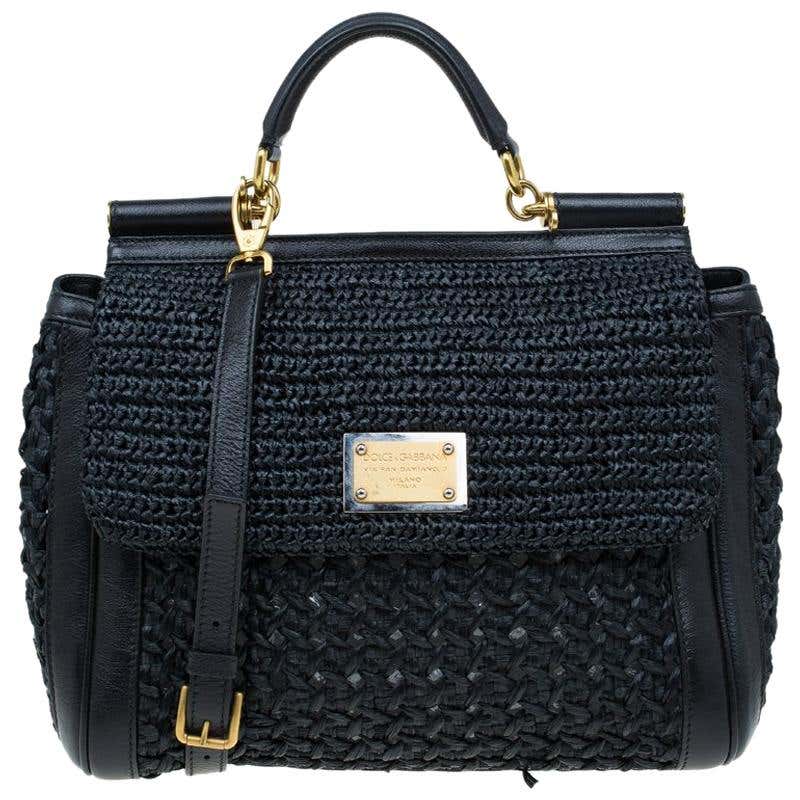 Dolce and Gabbana Black Woven Raffia Miss Sicily Top Handle Bag at ...