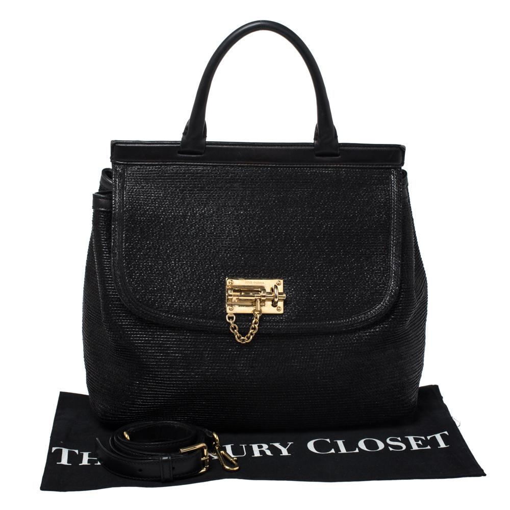 Dolce & Gabbana Black Woven Straw and Leather Miss Sicily Top Handle Bag 8