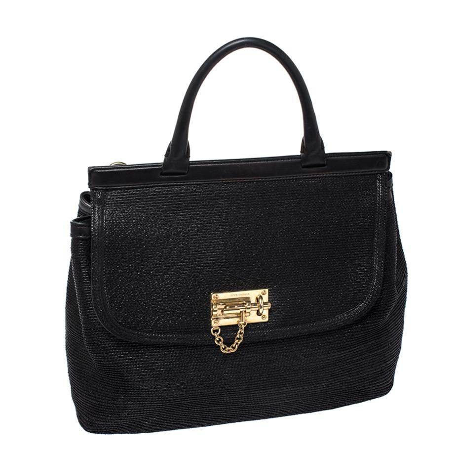 Women's Dolce & Gabbana Black Woven Straw and Leather Miss Sicily Top Handle Bag