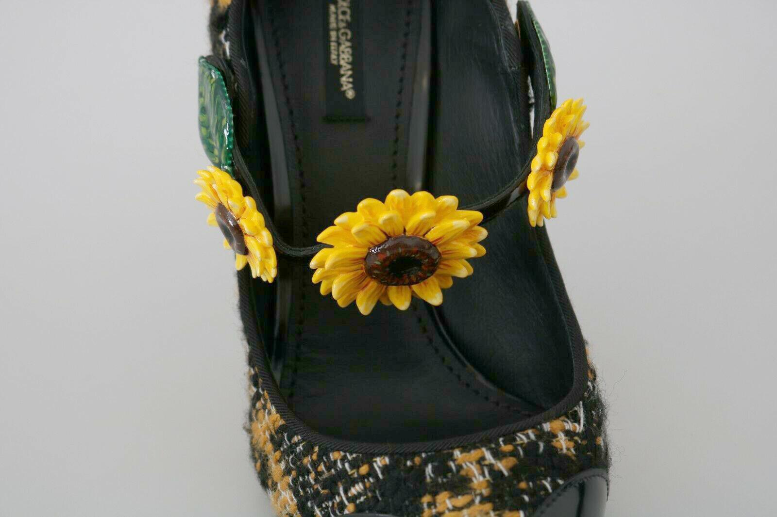 Dolce & Gabbana Black Yellow Mary Jane Leather Pumps Heels Shoes Floral Boucle In New Condition In WELWYN, GB