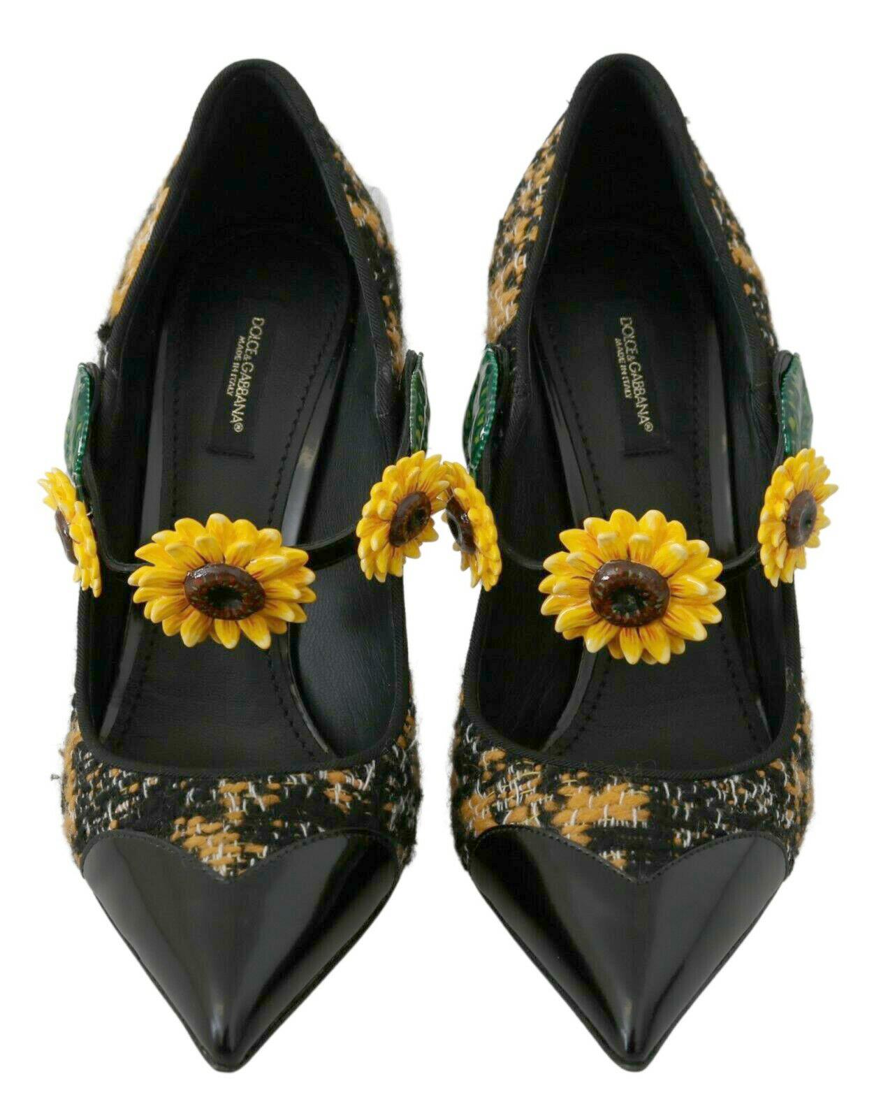 Dolce & Gabbana Black Yellow Mary Jane Leather Pumps Heels Shoes Floral Boucle 1