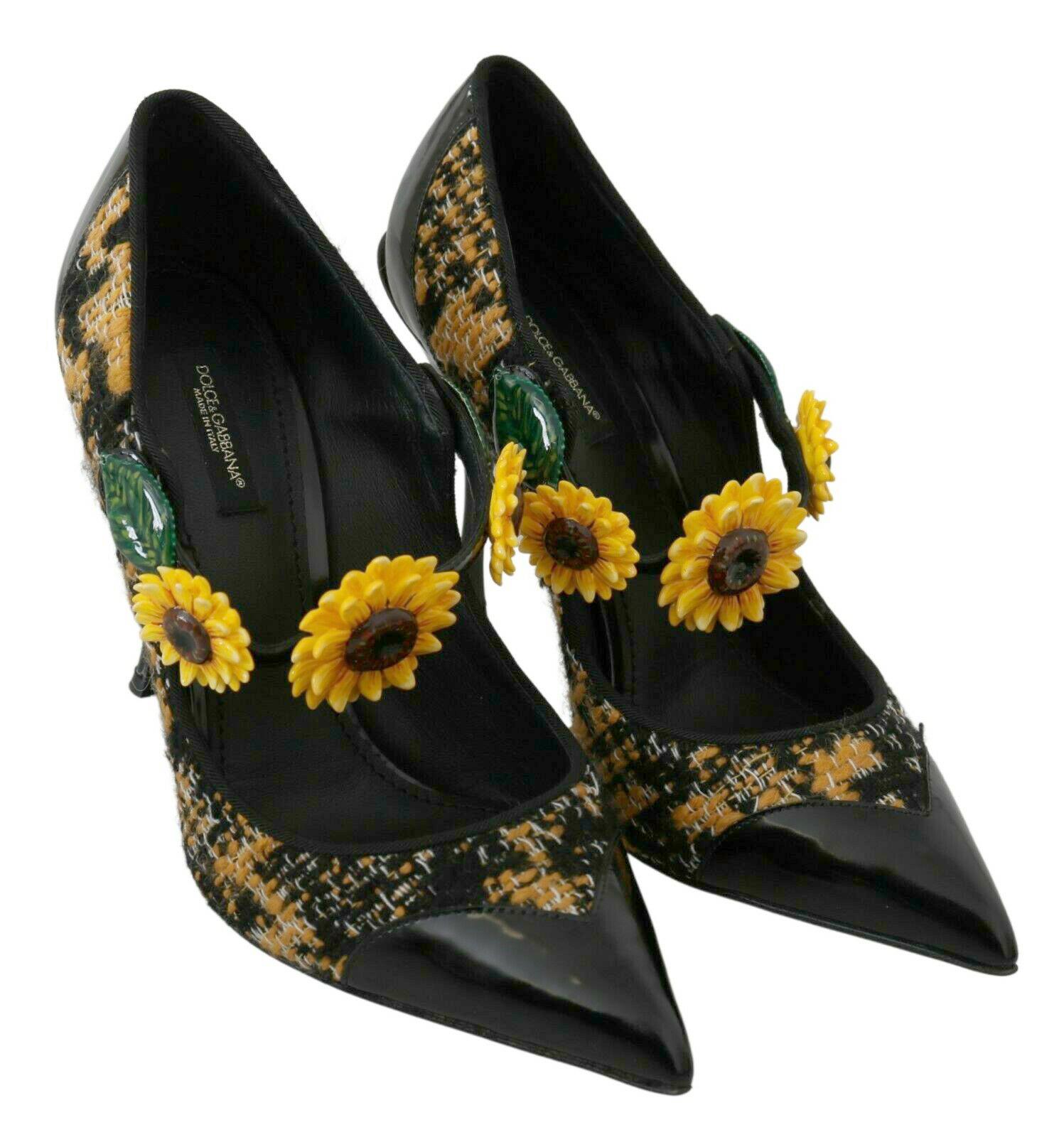Dolce & Gabbana Black Yellow Mary Jane Leather Pumps Heels Shoes Floral Boucle 2