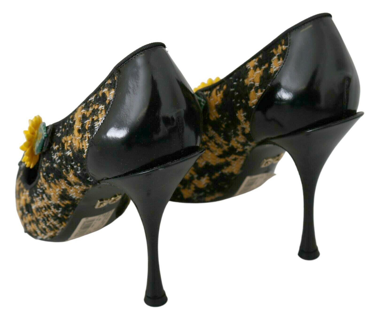Dolce & Gabbana Black Yellow Mary Jane Leather Pumps Heels Shoes Floral Boucle 3