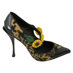 Dolce 
Gabbana Black Yellow Mary Jane Leather Pumps Heels Shoes Floral Boucle