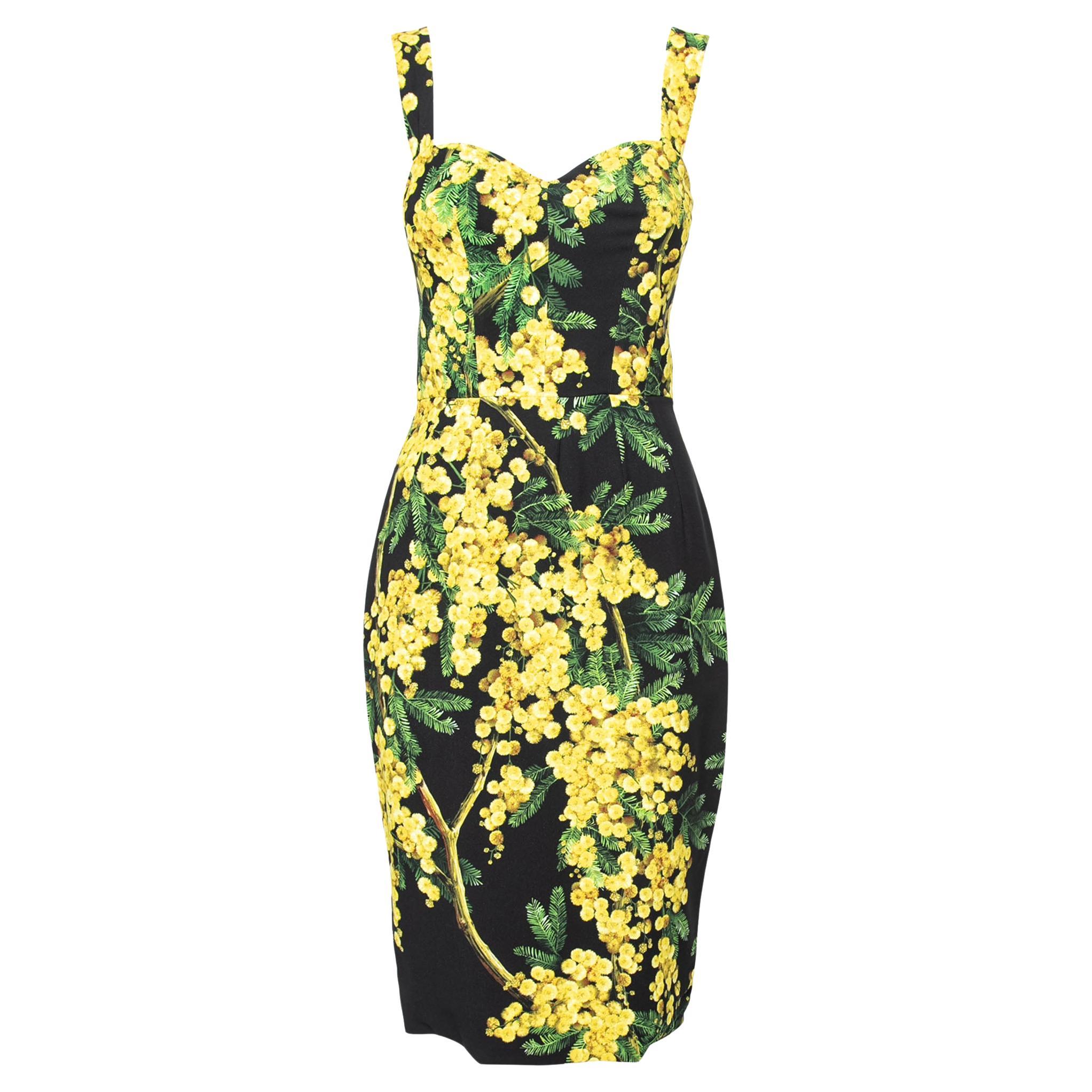 Dolce & Gabbana Black & Yellow Mimosa Print Bustier Dress S