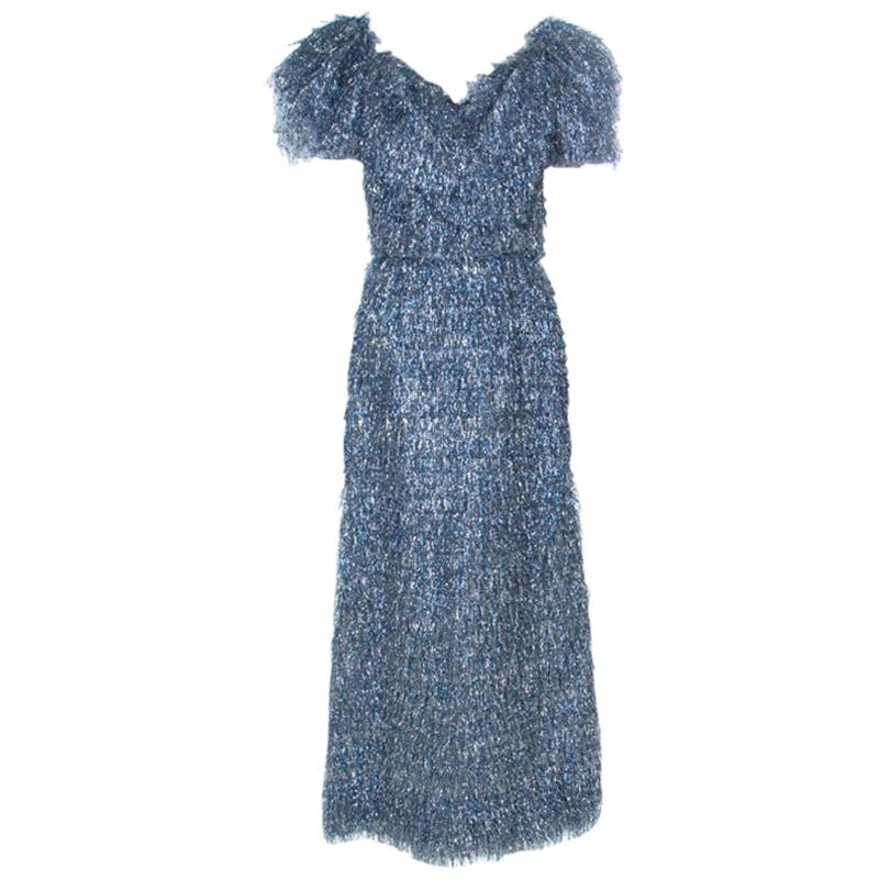 Dolce & Gabbana Blue and Silver Tinsel Puff Sleeve Dress M