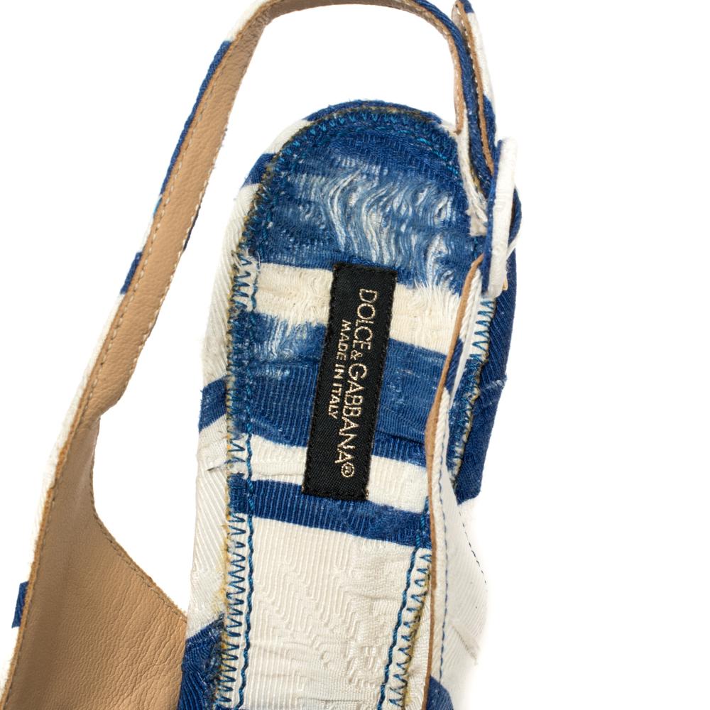 Dolce & Gabbana Blue and White Stripe Brocade Toe Slingback Sandals Size 38 2